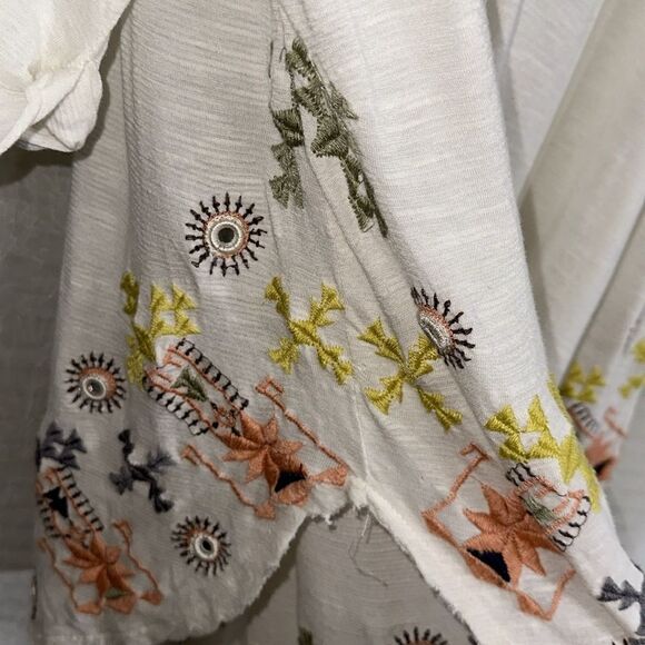 free people L Ivory Navy Peach Green Lace up Oversized Embroidered Peasant Top - Picture 8 of 14
